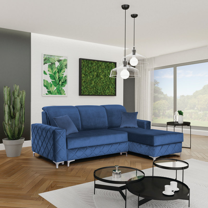 Erithon Velvet L-Shaped Sectional, Right Hand Facing, Blue Velvet