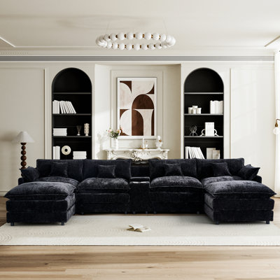 Upholstered Couch, Living Room Sofa with a Center Console and Six Pillows