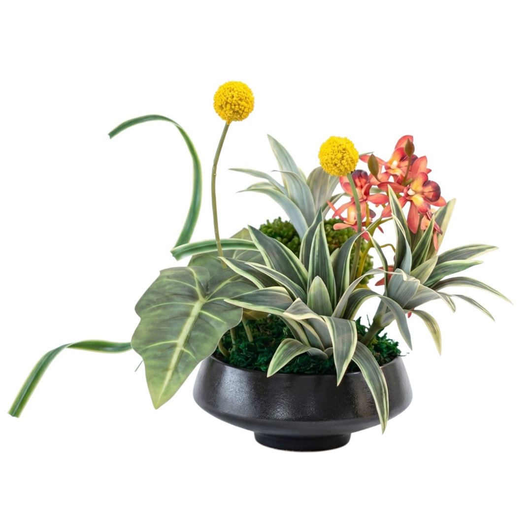 Artificial Tropical Flower Arrangement with Orchid, Billy Ball and Foliage in Black Pot