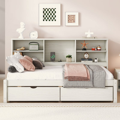 Twin Size Bed Frame With Side Bookshelves, Two Drawers, And Built-In USB Port