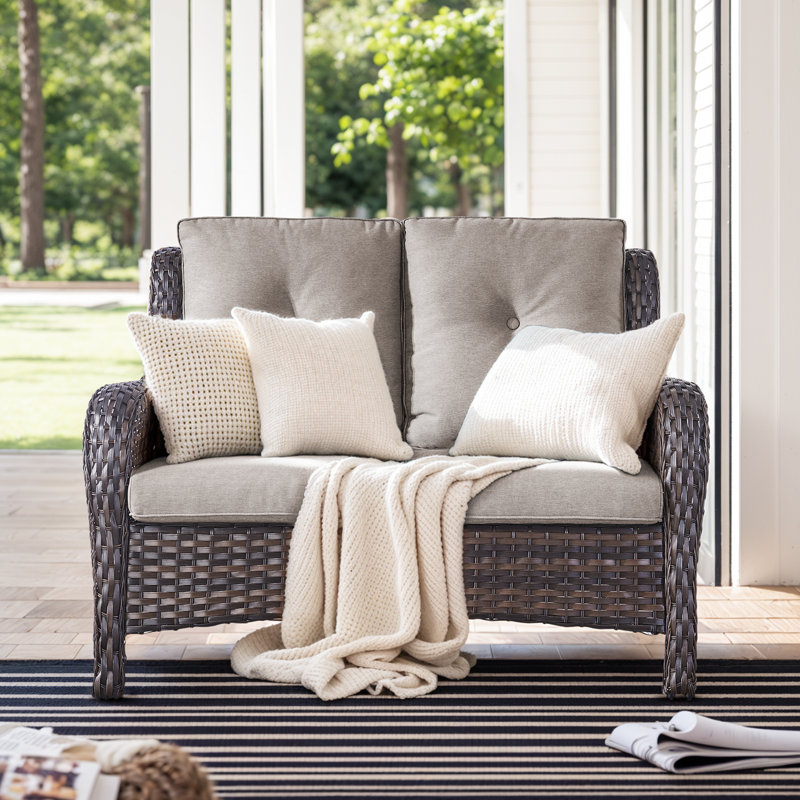 Wendye Stylish Patio Loveseat 2 Seat Sofa With Water-Resistant Olefin Cushions, Beige, Brown