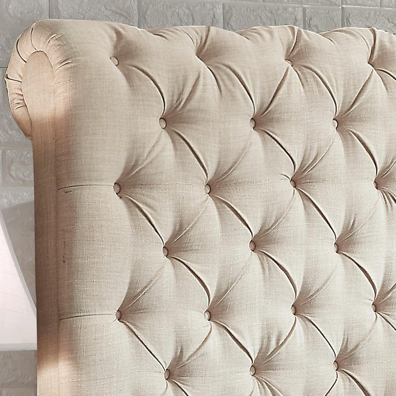 Bradson Fabric Upholstered Bed Frame with Adjustable Headboard/Chesterfield-Styled/Wood Slat Support, Beige, Full
