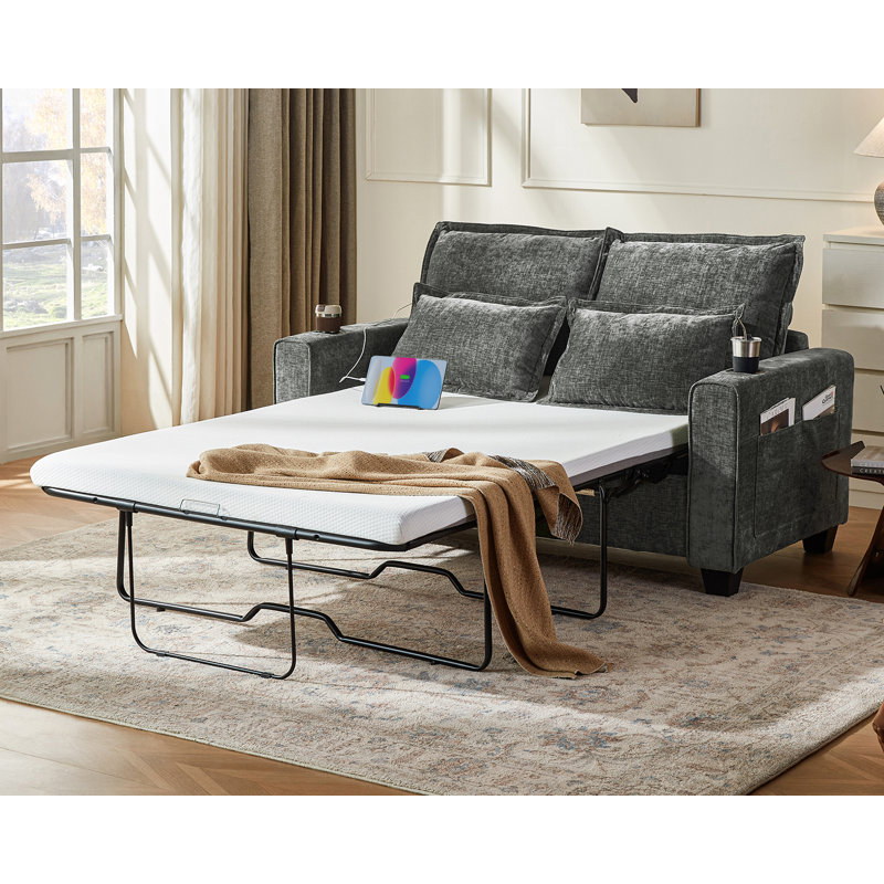 2-in-1 Pull-out Full Side Rv Sleeper Sofa Bed Convertible Chenille Sofa With 20w Fast Charging Led Light Memory Foam Couch Layered Cushion Trim