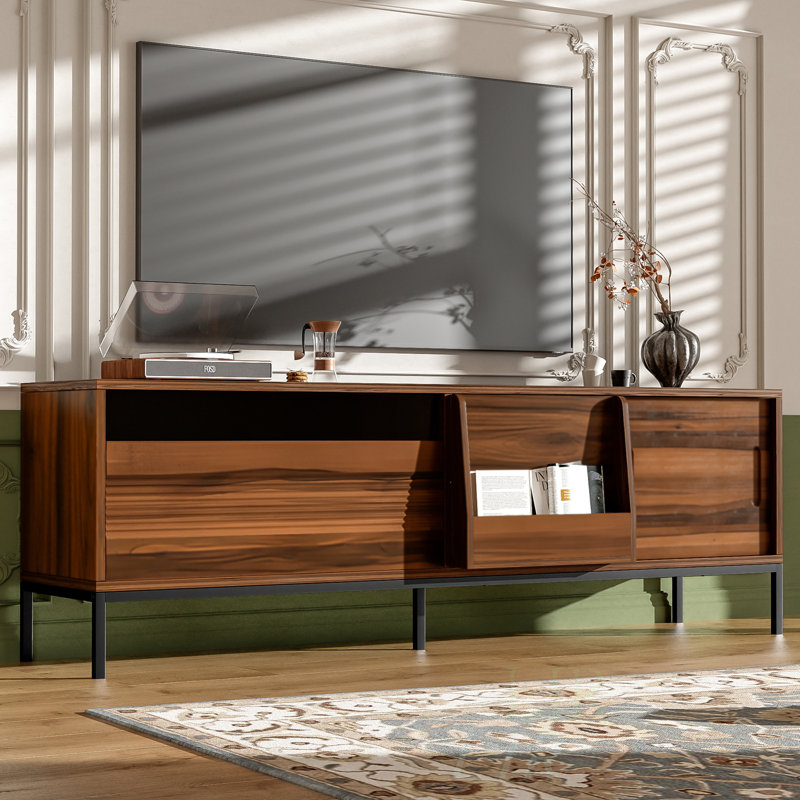 Meuble télé moderne avec espace de rangement, portes coulissantes, Brun, 70"