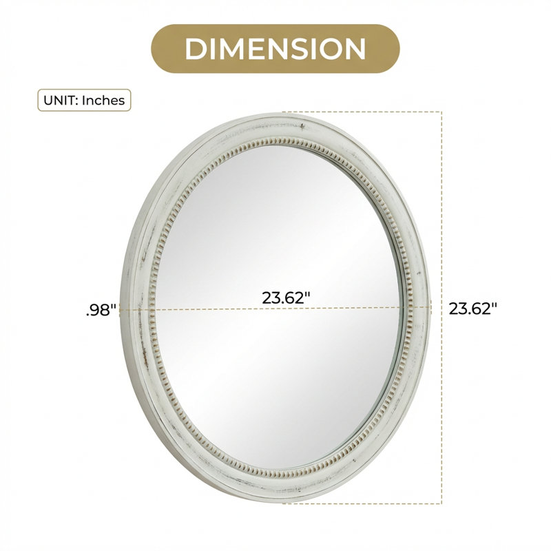 Miroir mural rond en bois vieilli blanc perlé pour décor de style maison de campagne et rétro
