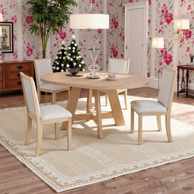 Expandable Solid Wood Round Dining Table Set For 4 With 18-inch Leaf And Upholstered Chairs