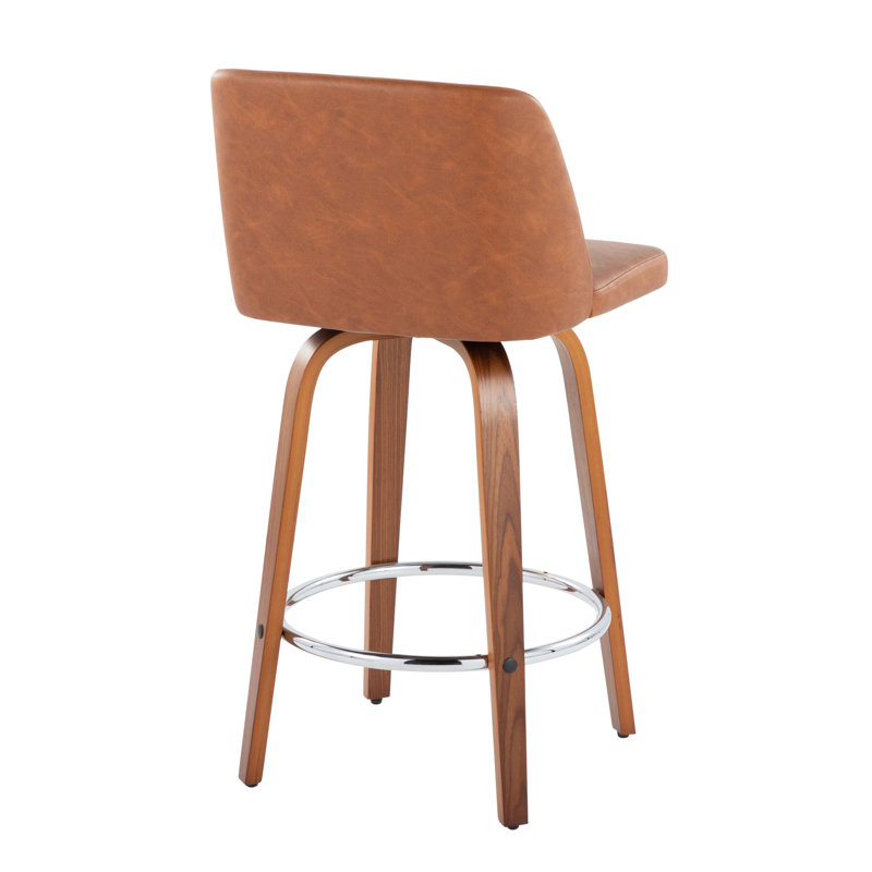 Tabouret de comptoir de style moderne Mid-Century à hauteur fixe de 26 po avec pivot en bois de noyer et repose-pieds rond en chrome Toriano par Lumisource - ensemble de 2