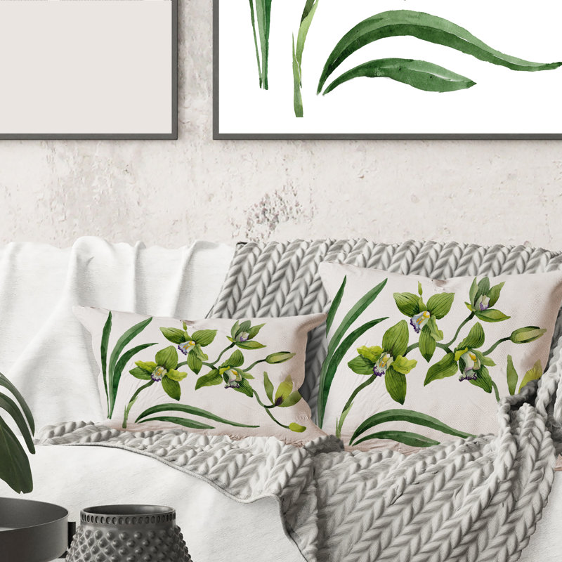Green Orchid Flowers - Traditional Printed Pillow