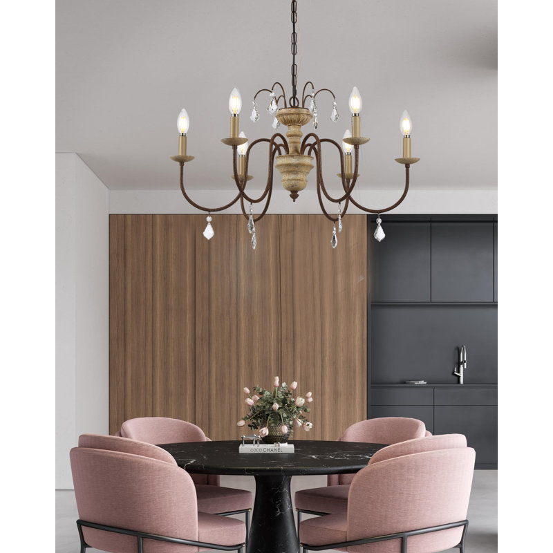 Lustre 6 lumières façon bougie avec accents de bois