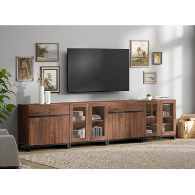 Meuble télé 4 en 1 pour téléviseur de 120 po ou moins, meuble télé moderne avec portes en verre et pieds en métal, meuble télé avec tablette réglable pour le salon