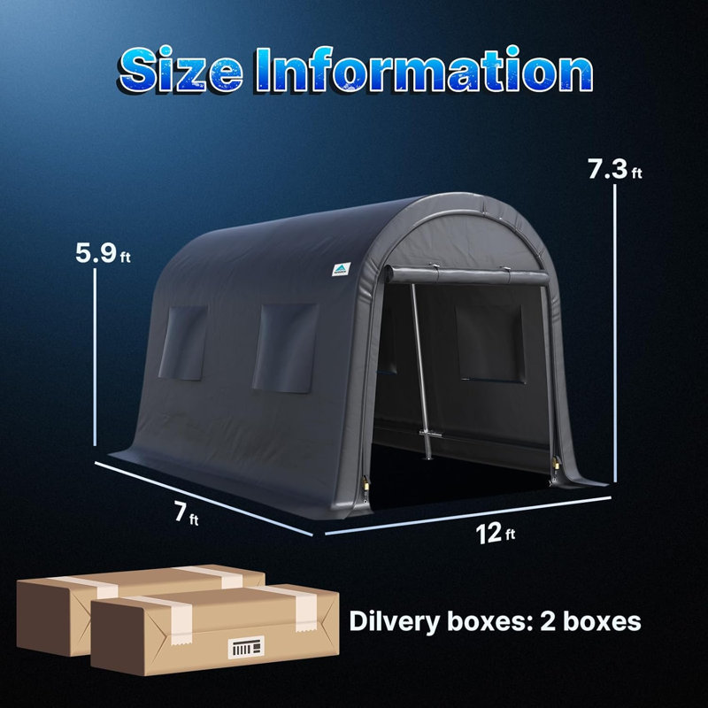ADVANCE OUTDOOR 7x12 ft Shelter Storage Shed Steel Metal Round Peak Roof Anti-Snow Portable Garage Carport for Motorcycle, Boat, or Garden Tools with 2 Roll up Doors & Vents, Gray