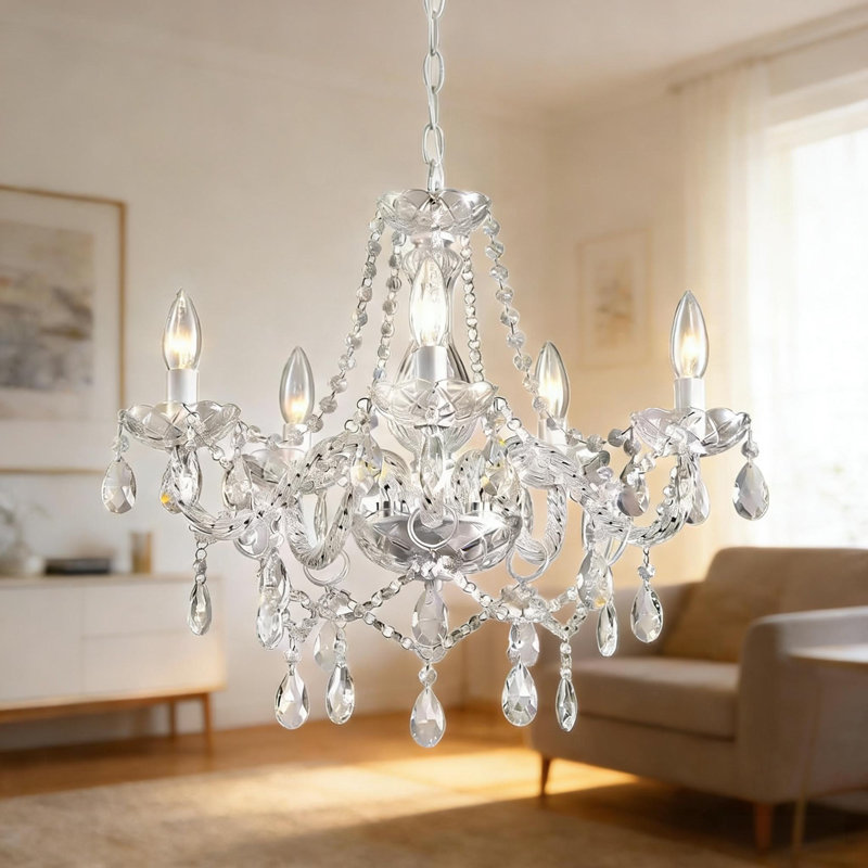Lustre en cristal 5 lumières à brancher, blanc à intensité variable avec ampoules