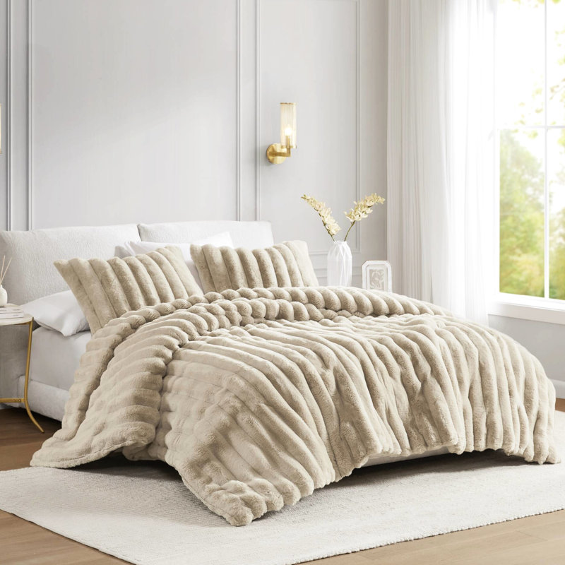 3 édredon très grand en fausse fourrure taupe, devant en fourrure lisse pour plus de confort, taupe côtelé à haute respirabilité, -