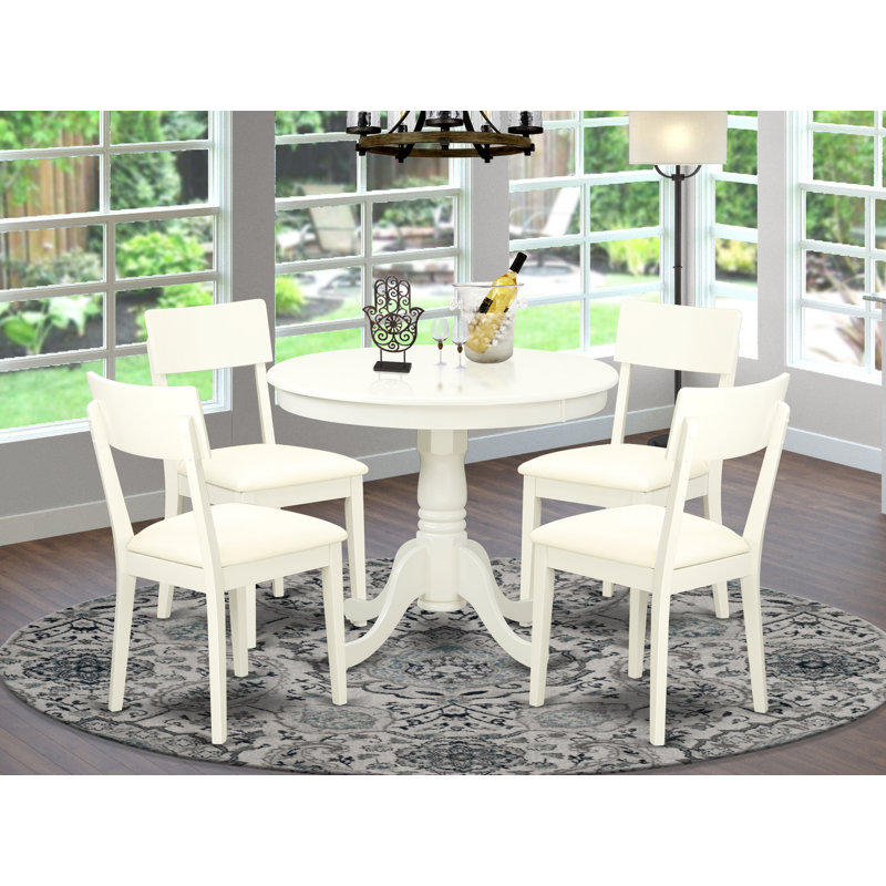 5 Piece Dinette Set for 4 Includes a Round Dining Table with Pedestal and 4 Faux Leather Dining Room Chairs, 42x42 Inch, Linen White