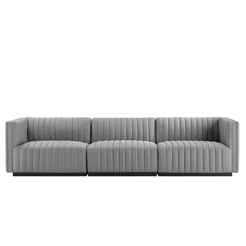 Conjure Channel Tufted Sofa by Modway, Black, Light Gray Velvet, 28" H x 119" W x 41.5" D