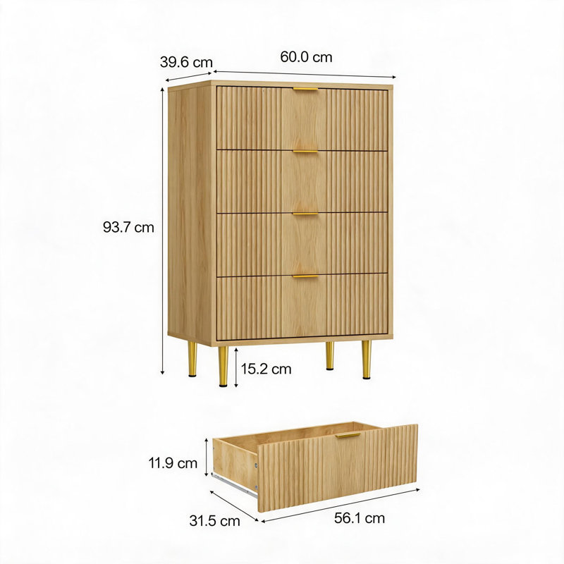 60 cm W Chest of 4 Drawers, Natural wood grain