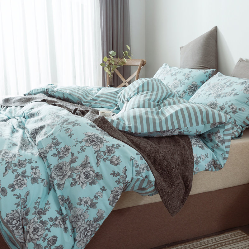 King Green Cotton Floral Reversible 3-Piece Duvet Cover Set