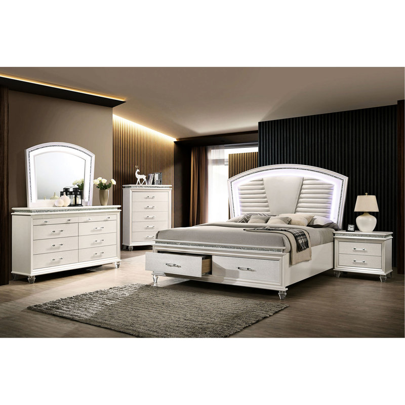 Table de chevet moderne blanc perle, 2 tiroirs, accents de cristal blanc avec accents, poignée en cuir