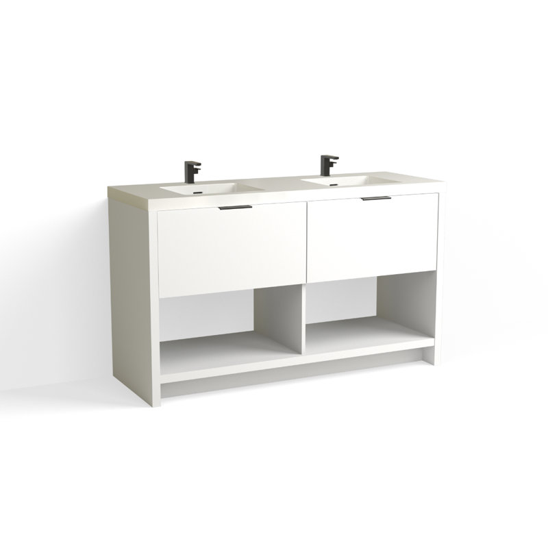 Vista 60" W Freestanding Double Bathroom Vanity, White Gloss, Single-Hole, White Nanomatte/Matte Black