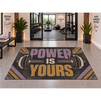 Tapis d'extérieur 5 pi x 7 pi Power Is Yours Motif de gymnastique Barbell, tapis à boucles de ressorts en PVC imperméable et lourd, tapis d'extérieur à séchage rapide pour l'entrée du porche de remise en forme.