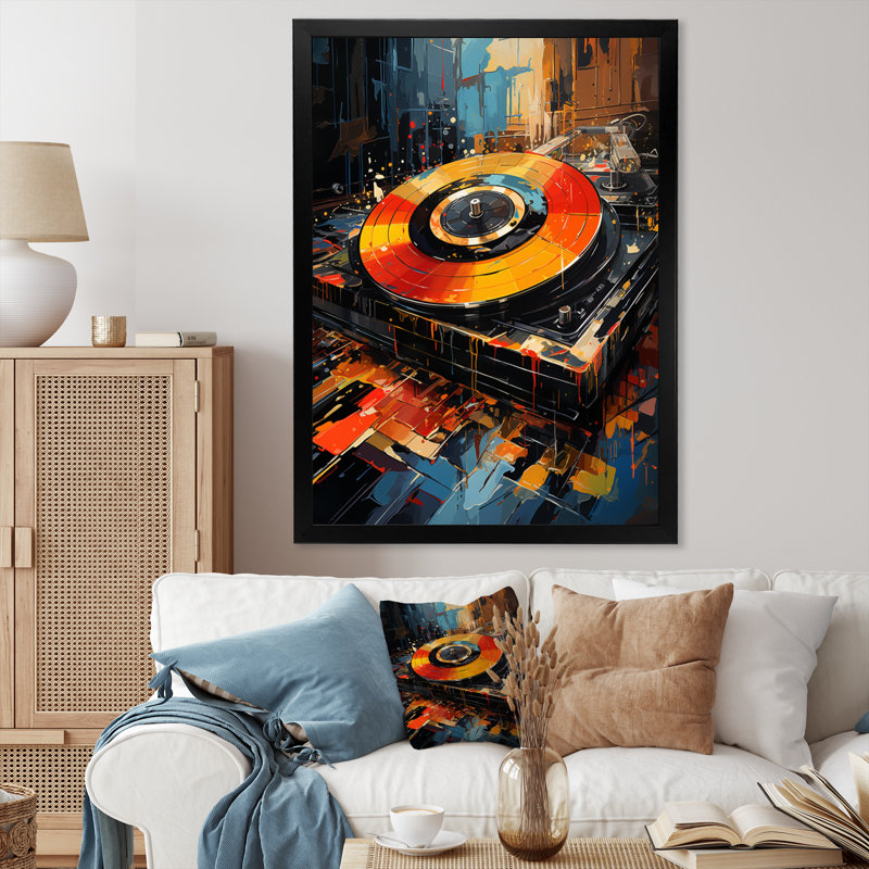 Popart Disque vinyle Reverie III sur toile, Cadre simple noir, H 40 po x l 30 po x P 1,5 po