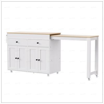 Extendable Kitchen Island with Dining Table, Rolling Storage Cart on Wheels, Spice Rack, and 2 Drawers, Ideal for Multi-Functional Use in Kitchens and Dining Rooms