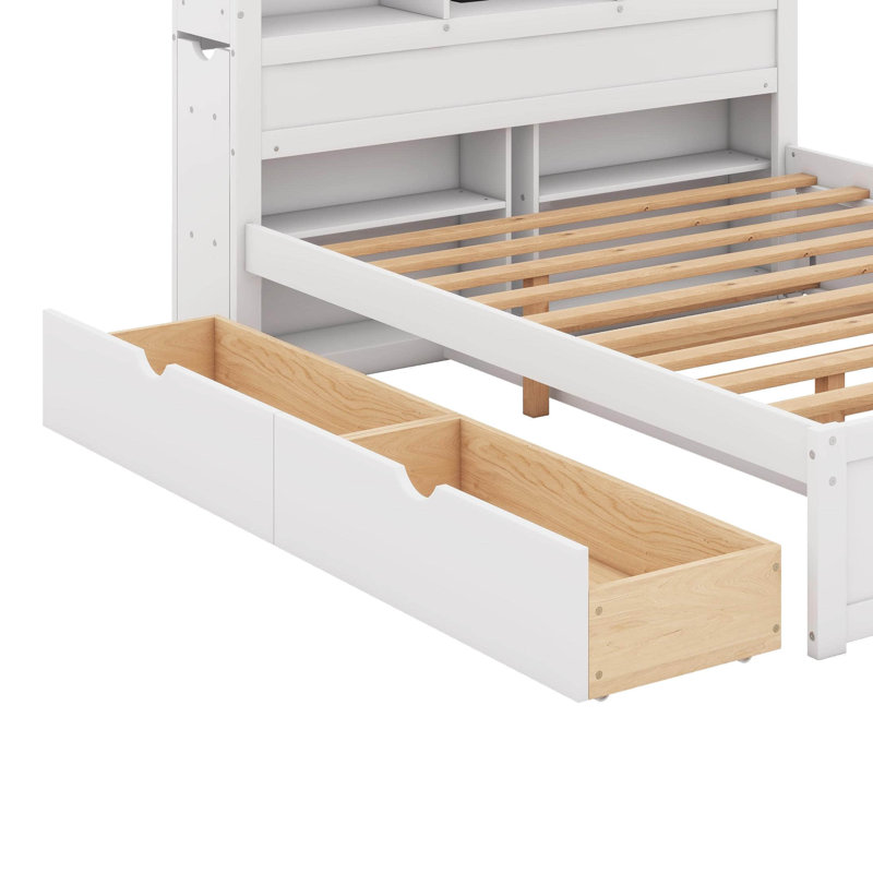 Lit plateforme double avec tablettes coulissantes, lit gigogne et tiroirs, Blanc