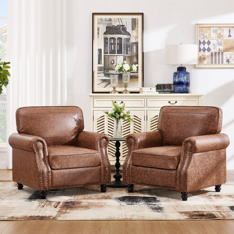 31.5" Faux Leather Armchair With Solid Wood Legs (Set Of 2 ), Dark Brown