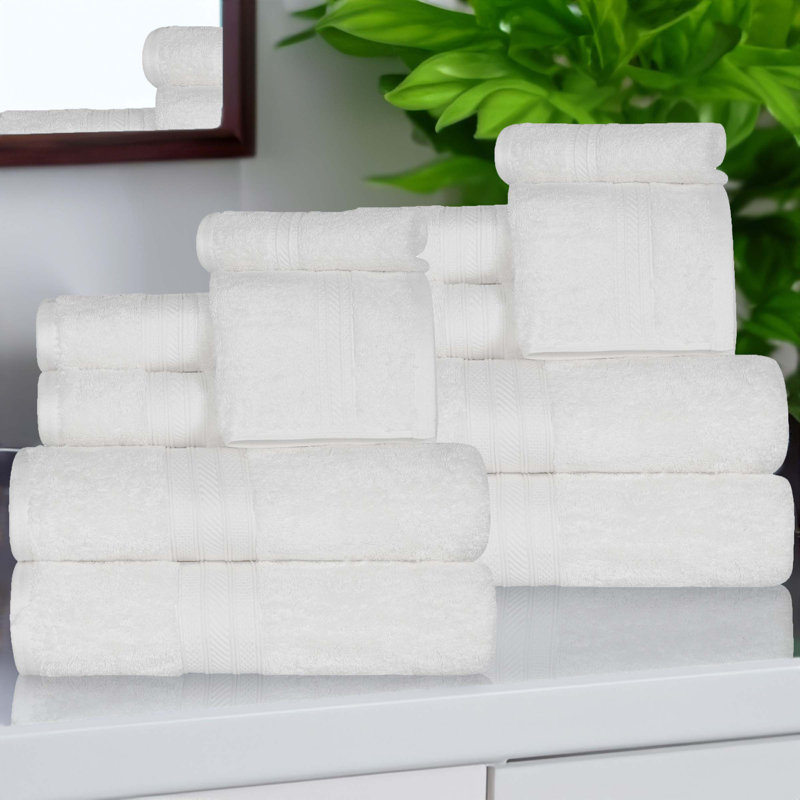 Atlas Cotton Plush Soft Highly-Absorbent Heavyweight Luxury 12 Piece Assorted Towel Set, White