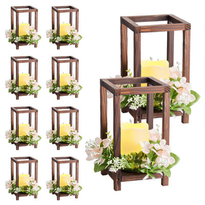10 Set/30 Pcs Wooden Wedding Lantern Centerpiece, Includes 10 Wooden Lantern Candle Holder 10 Flameless LED Candle 10 Champagne Flower Wreath For Wedding Table Party Farmhouse Decor, Brown
