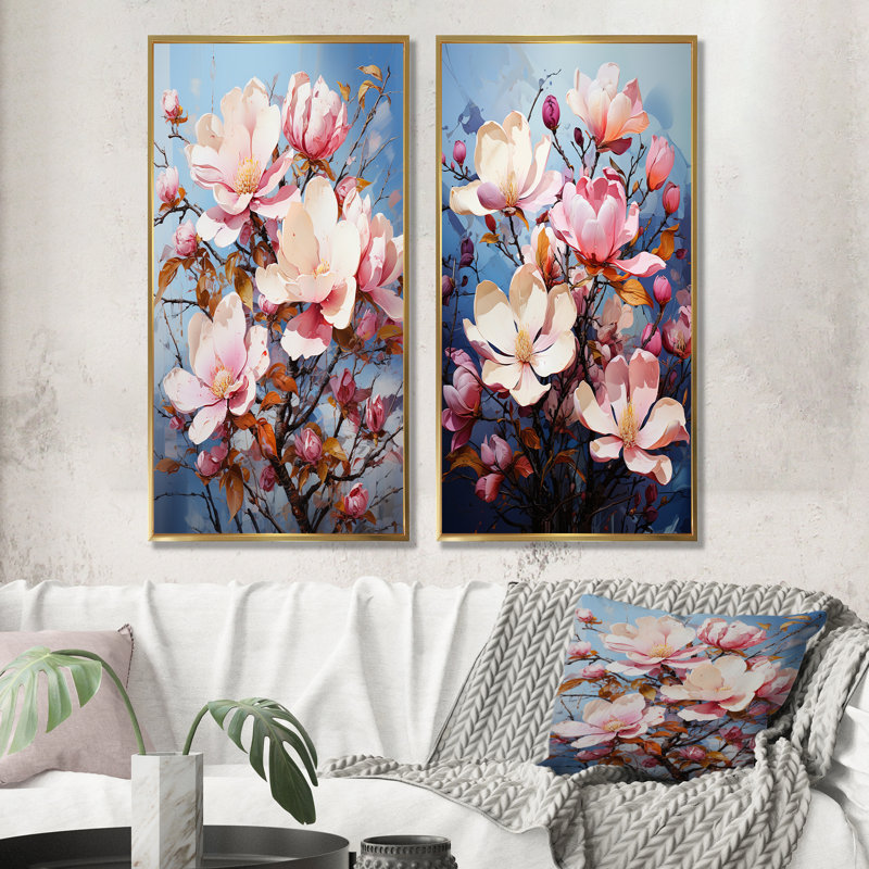 Sérénade de magnolias bleus et roses - ensemble de 2 décorations murales Magnolias, Cadre flottant doré, H 28 po x l 25 po