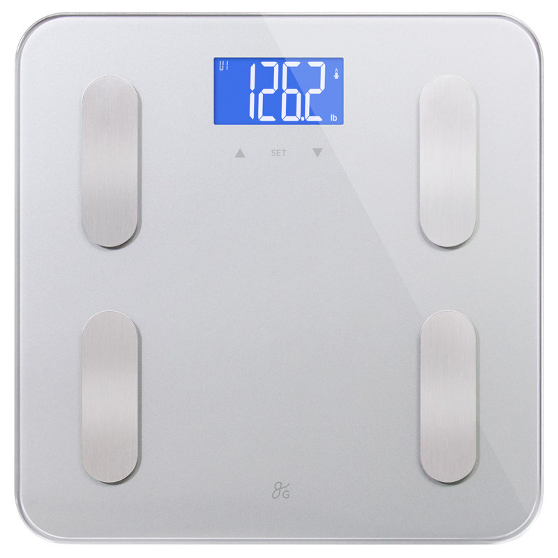 Pèse-personne numérique pour la salle de bain plus grand, mesure le poids corporel, l'IMC, la graisse corporelle, la masse musculaire et le pourcentage d'eau, capacité de 400 lb, gris cendré