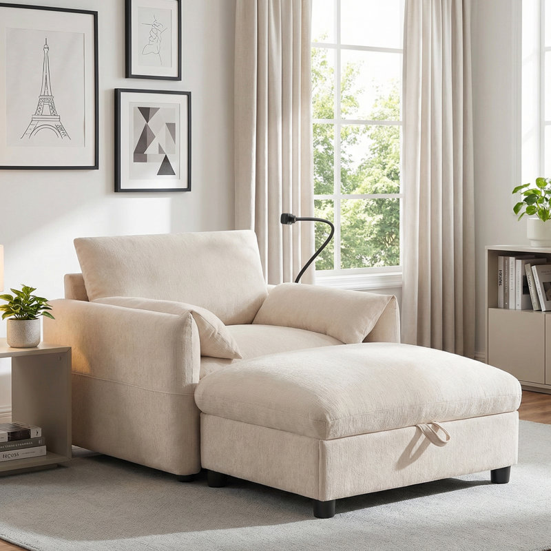 Fauteuil d'appoint rembourré avec repose-pieds avec rangement, Beige
