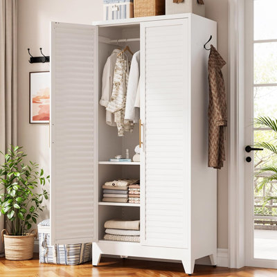 Armoire de rangement de garde-robe de 71 po de hauteur, armoire en acier blanc avec tablettes réglables et tringle, organisateur portable léger pour chambre à coucher, appartement, dortoir et location