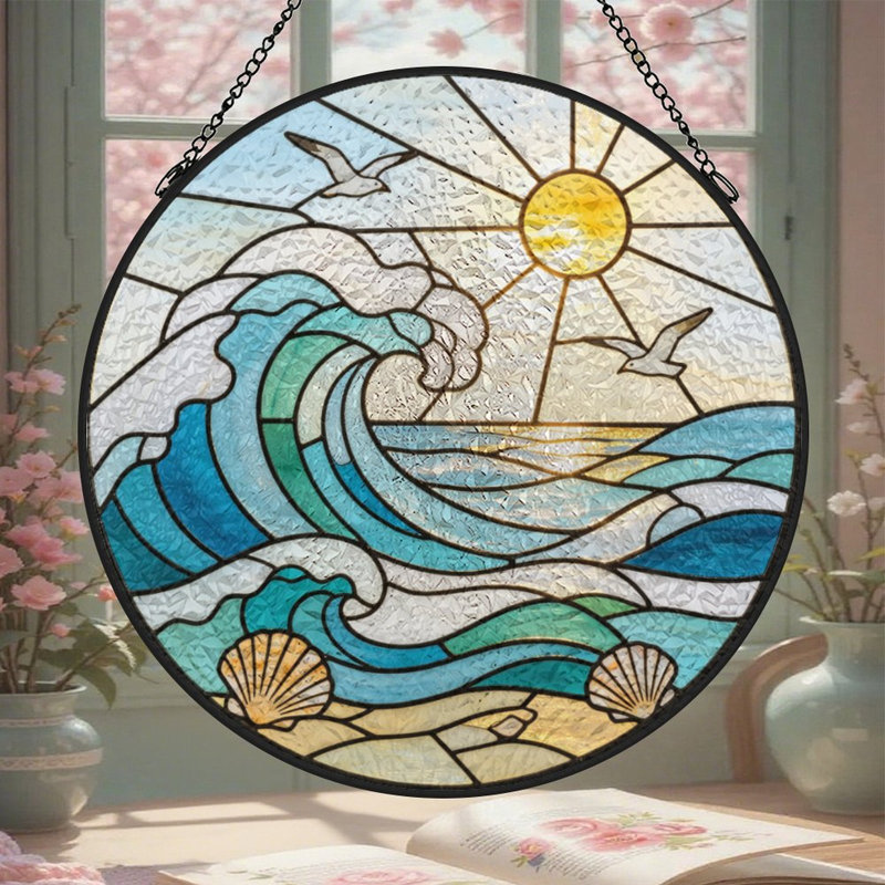 Vitrail Ocean Wave Sun Seagulls Shells, 6,3 x 6,3 po (16 x 16 cm)