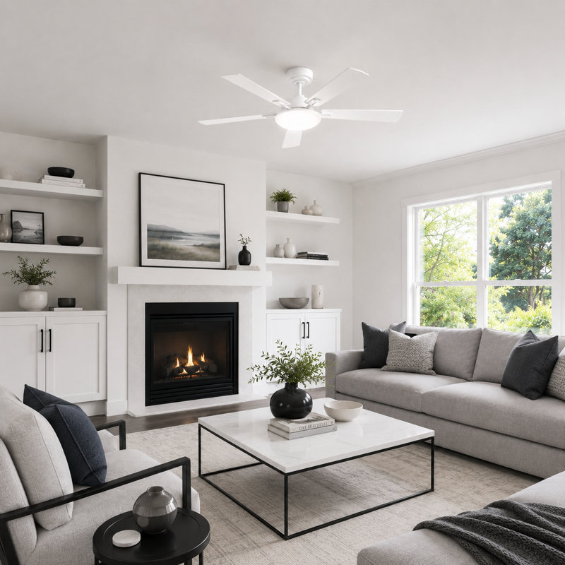 52" 5-blade Ceiling Fan With Light, Downrod Mount, 3cct Led, 6-speed Dc Motor, Remote Control, White, White