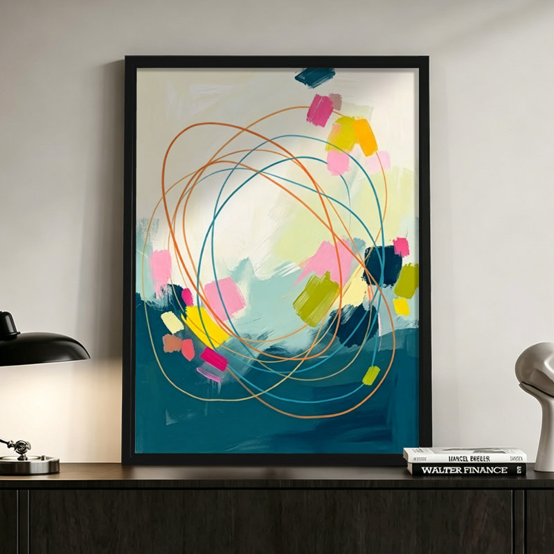 Abstrait moderne et moderne Des tourbillons abstraits colorés s'entrelacent avec des formes vibrantes, de style peinture acrylique expressive. Toile encadrée 24 "x 36" avec cadre en bois noir