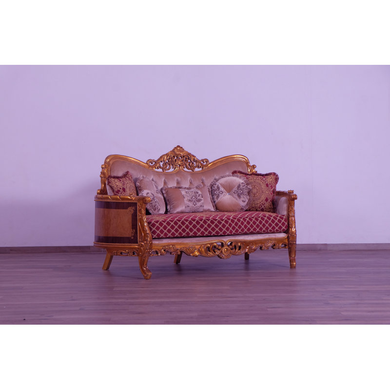 3 Piece Modigliani Sofa Red Gold Fabric, Red Burgundy/Gold