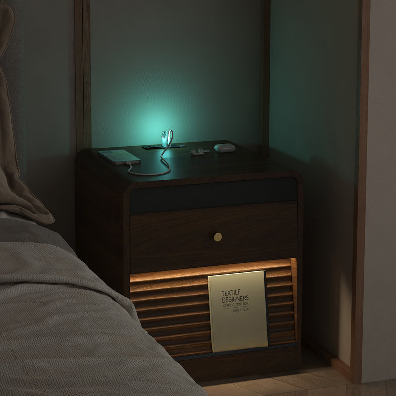 Table de chevet Smart Wood avec station de charge, veilleuse à DEL et armoire de rangement pour chambre à coucher