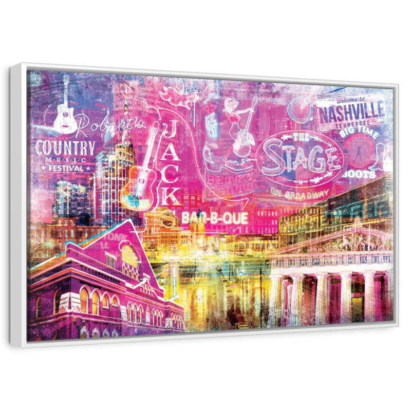 Nashville Buildings Grunge, 46" X 31", Floating Frame White