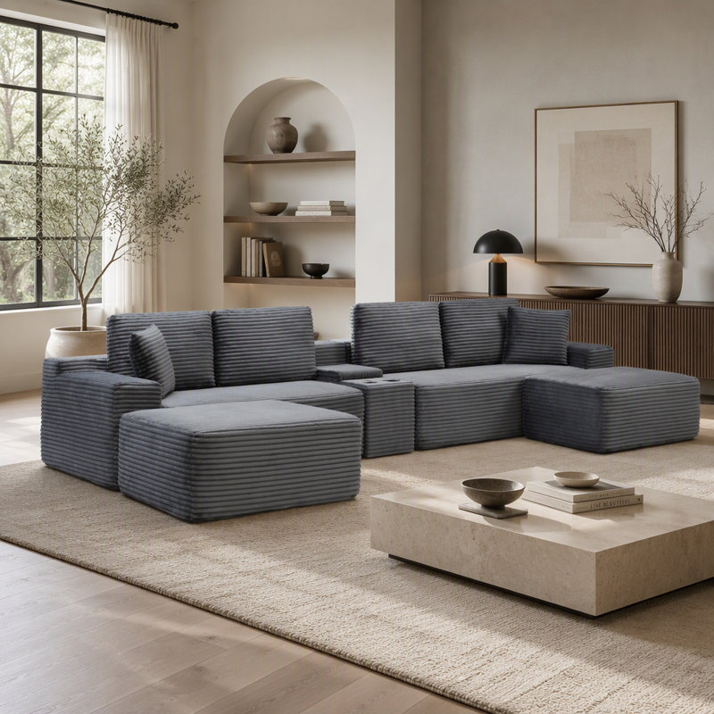 Canapé d'angle 125'' avec deux poufs, canapé infonuagique avec assise profonde, canapé en forme de U avec porte-gobelets et ports USB, canapés en velours côtelé pour salon, gris