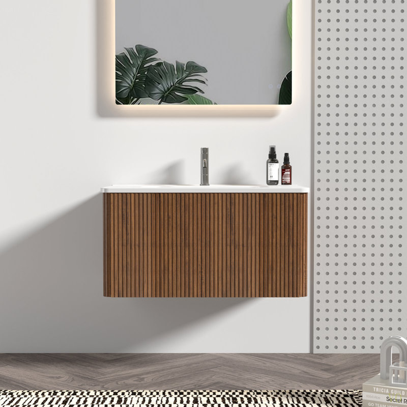 Meuble-lavabo à rayures 30 po avec lavabo en céramique, meuble-lavabo mural flottant pour salle de bain moderne, KD, Noyer