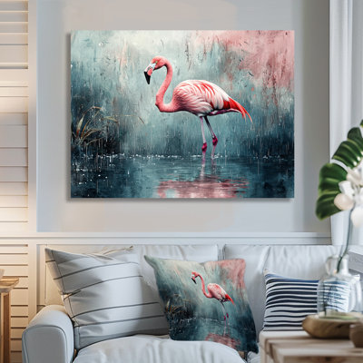 Minimalisme, flamant rose sous la pluie II - flamant rose, impression murale