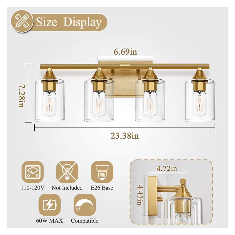 Applique murale de style ferme moderne à 4 lumières, fini or brossé, avec abat-jour cylindriques en verre transparent