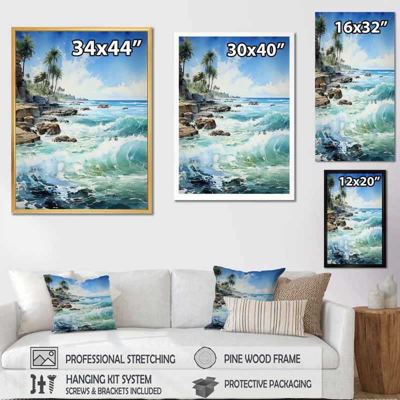«Azure Seascape Palms Horizon II», reproduction sur toile, Cadre flottant blanc, H 20 po x l 12 po x P 1 po