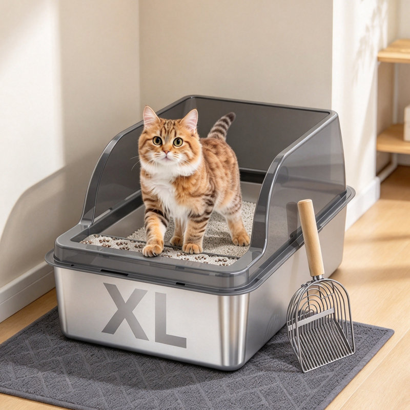 Stainless Steel Cat Litter Box, Semi-Enclosed with Anti-Tracking Step, Scoop & Mat, Grey, Grey