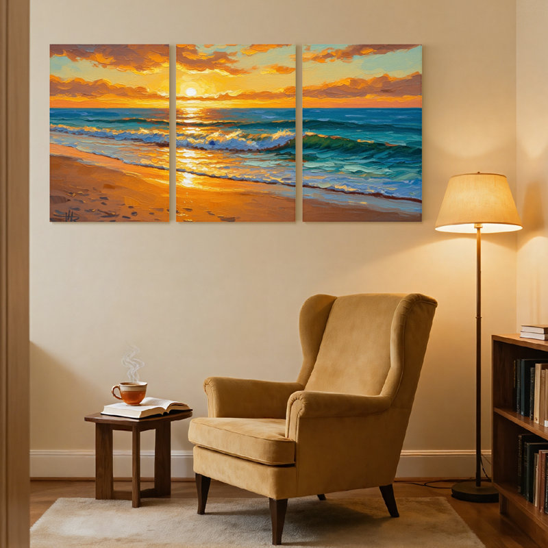 Nautique et plage coucher de soleil océan vagues plage ciel nuages sable clair ensemble de 3 impressions d'art sur toile