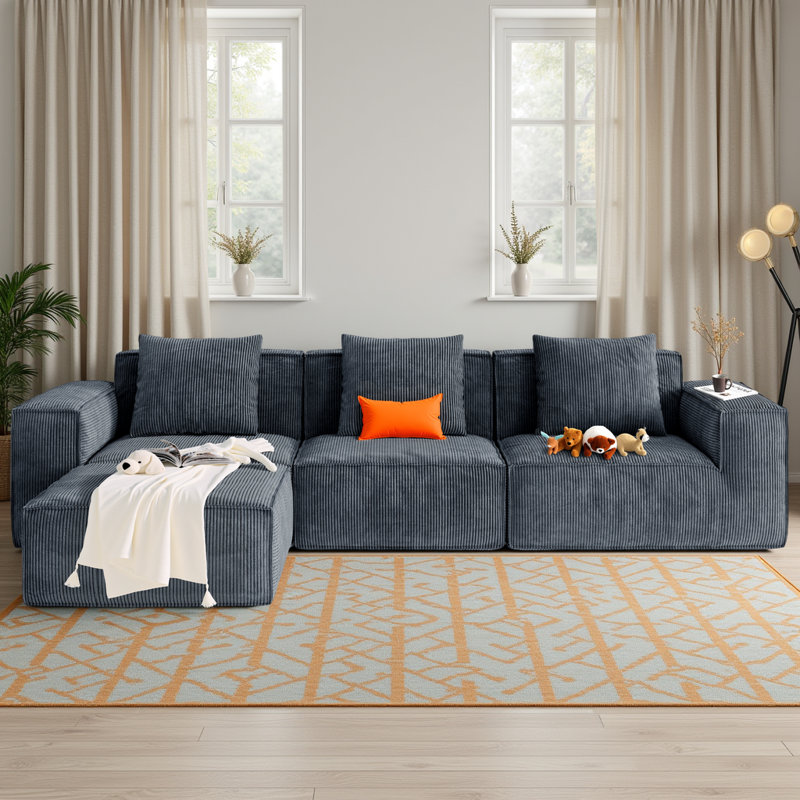 Canapé modulaire en forme de L de Boneless, Velours côtelé gris