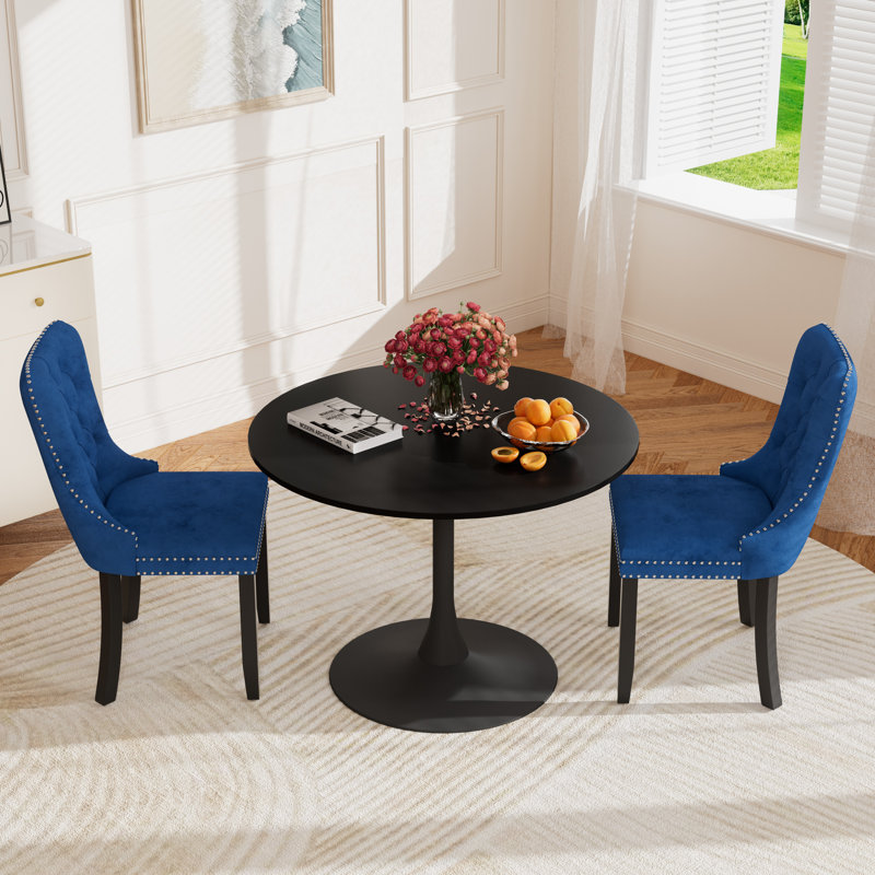 Round Pedestal Dining Set with 2 chairs, Blue, Black/Black