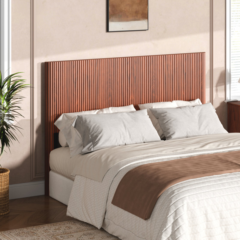 Modern Wooden Headboard With Arched Corrugated, Fits Queen Size Beds, Vertical Grain Design, Farmhouse & Vintage Style, Easy Assembly, Walnut.
